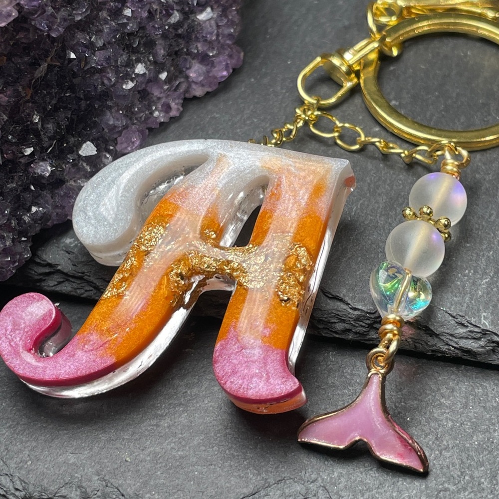 Custom Orange, Pink and Cream Letter “A” Keychain with Gold Accents - Picture 8 of 12